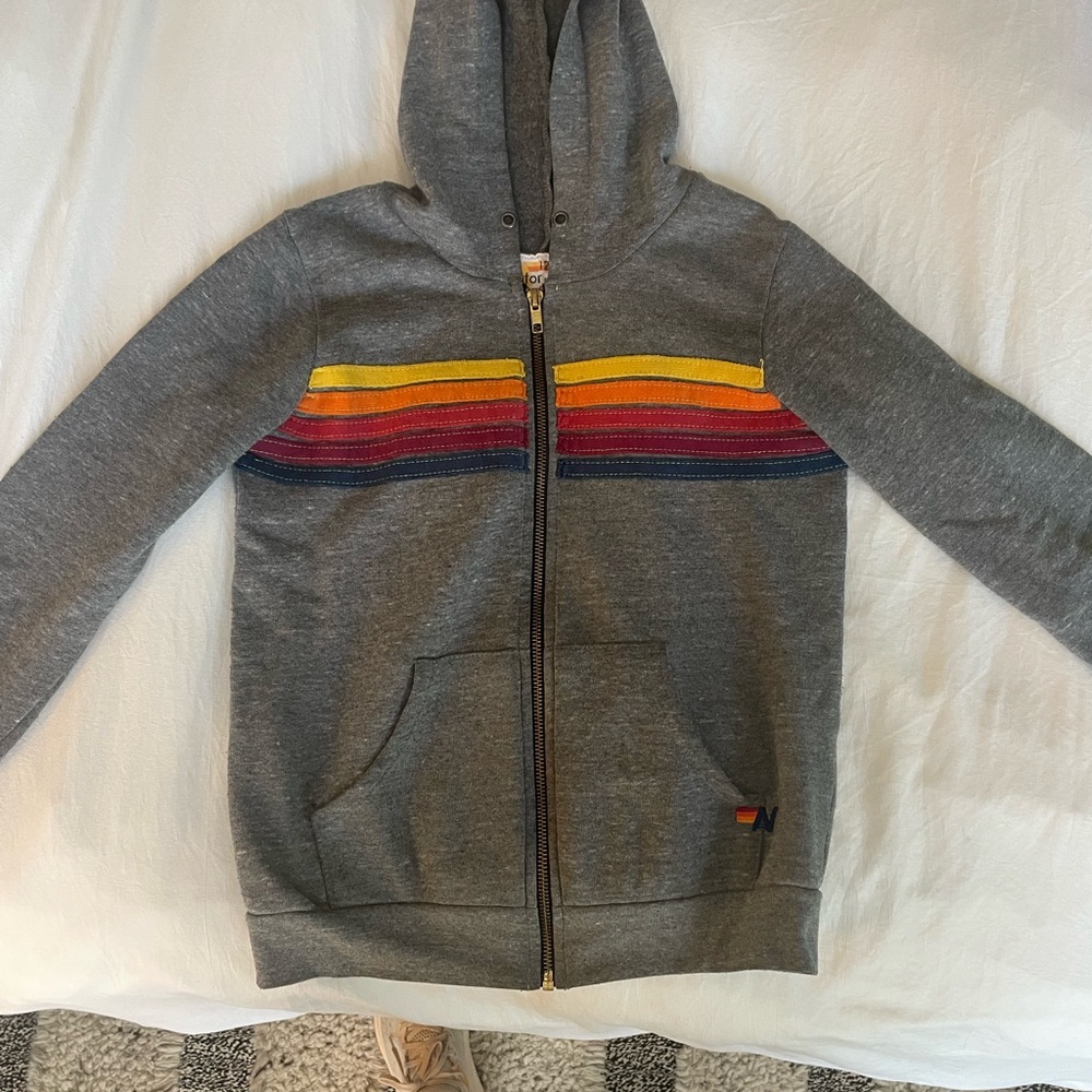 Aviator Nation Gray Hoodie with Rainbow Stripes